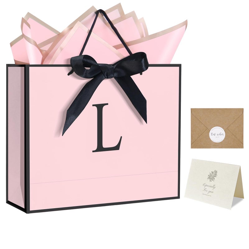 QLSKO Personalized Initial Paper Bag for Women Grils Monogrammed Gift Bag with Bow Ribbon Wrapping Tissue and Card Matching Envelope Sticker (Pink  L-Medium) - Image 1